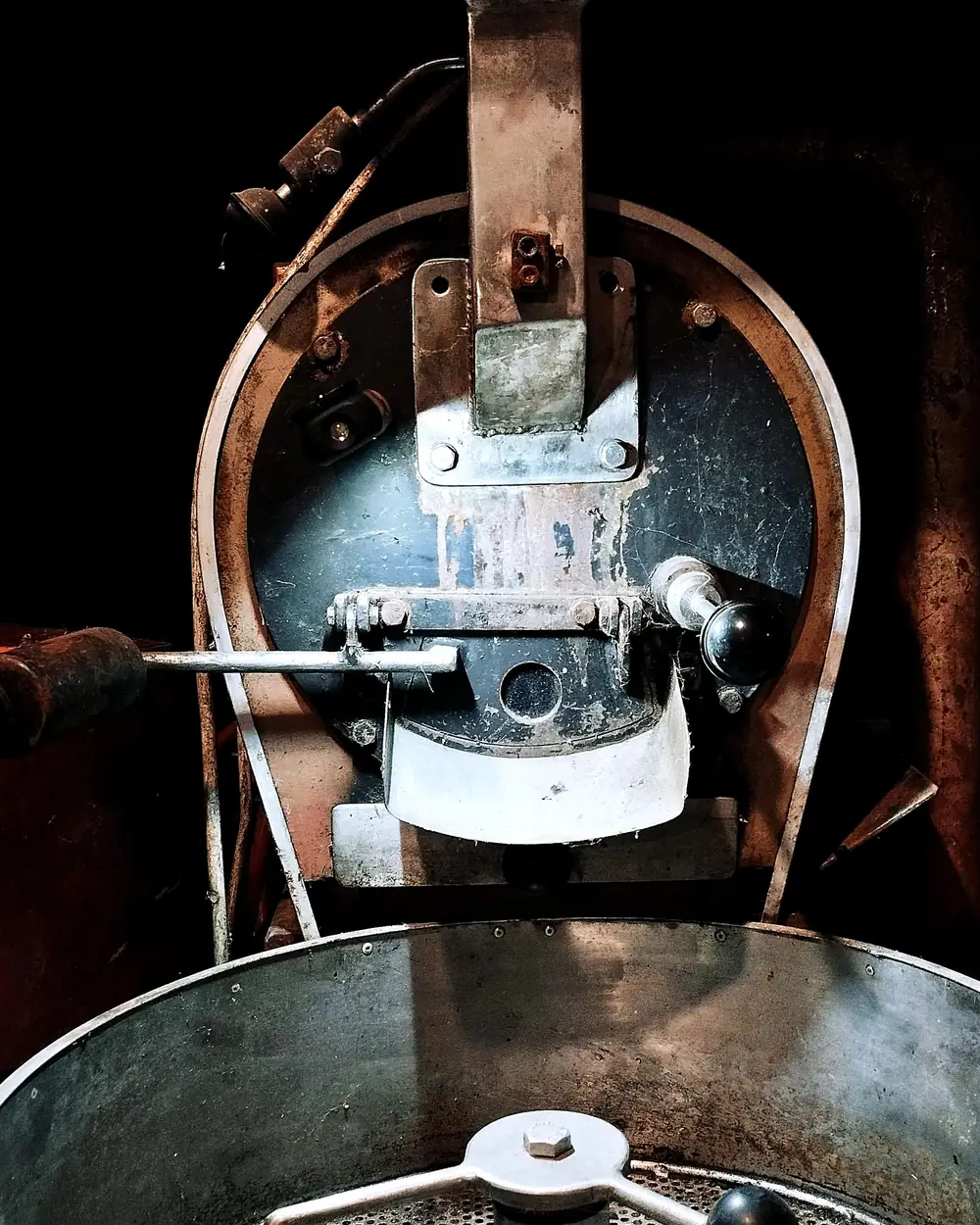 Vintage drum coffee roaster under restoration at Artefact Frascati